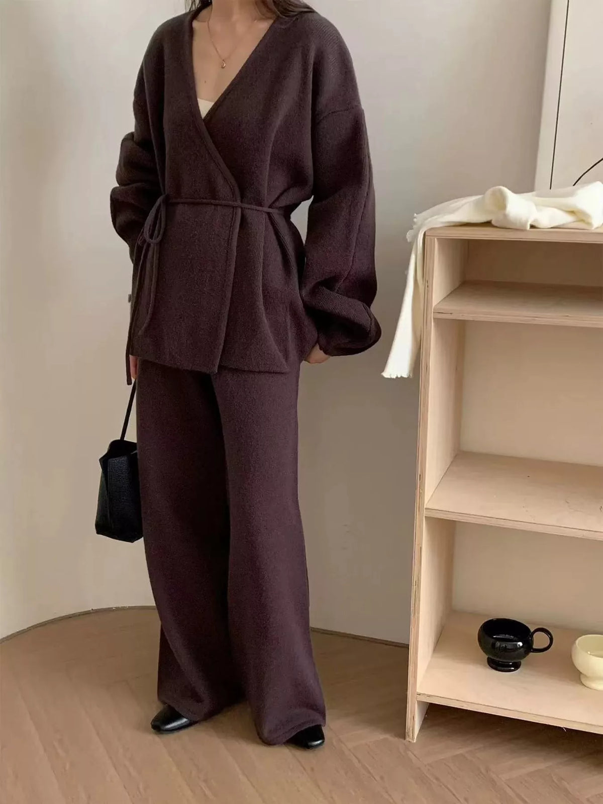 elegant v-neck wrap cardigan and wide-leg pants | dropsona - neutral - packaging