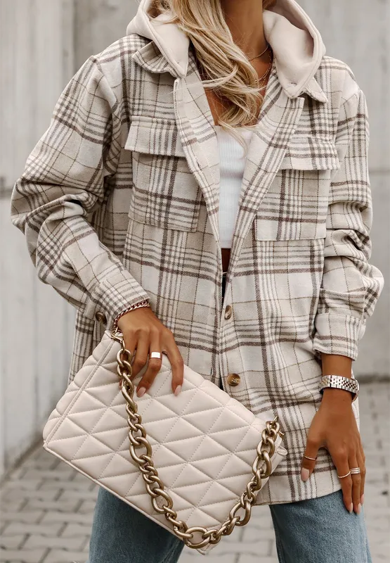 plaid removable hood button up shacket – basic style | dropsona - neutral - everyday use