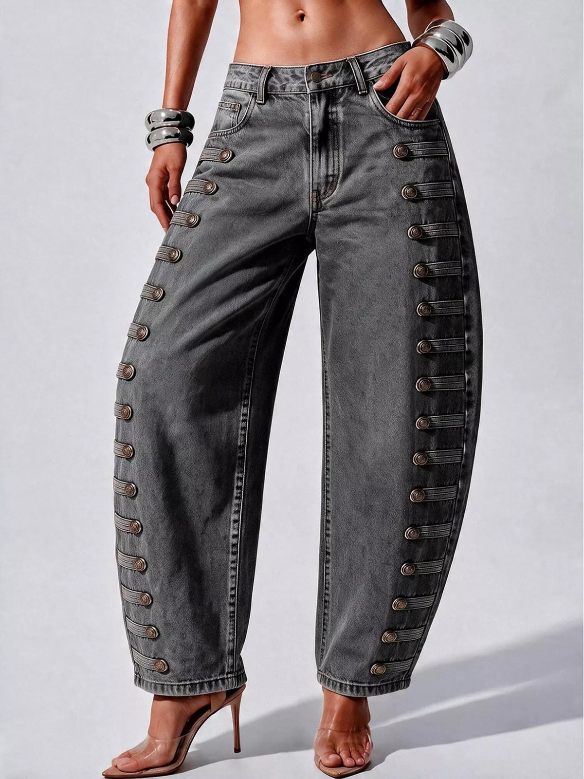 decorative button wide leg jeans – buttoned,pocketed | dropsona - neutral - front view