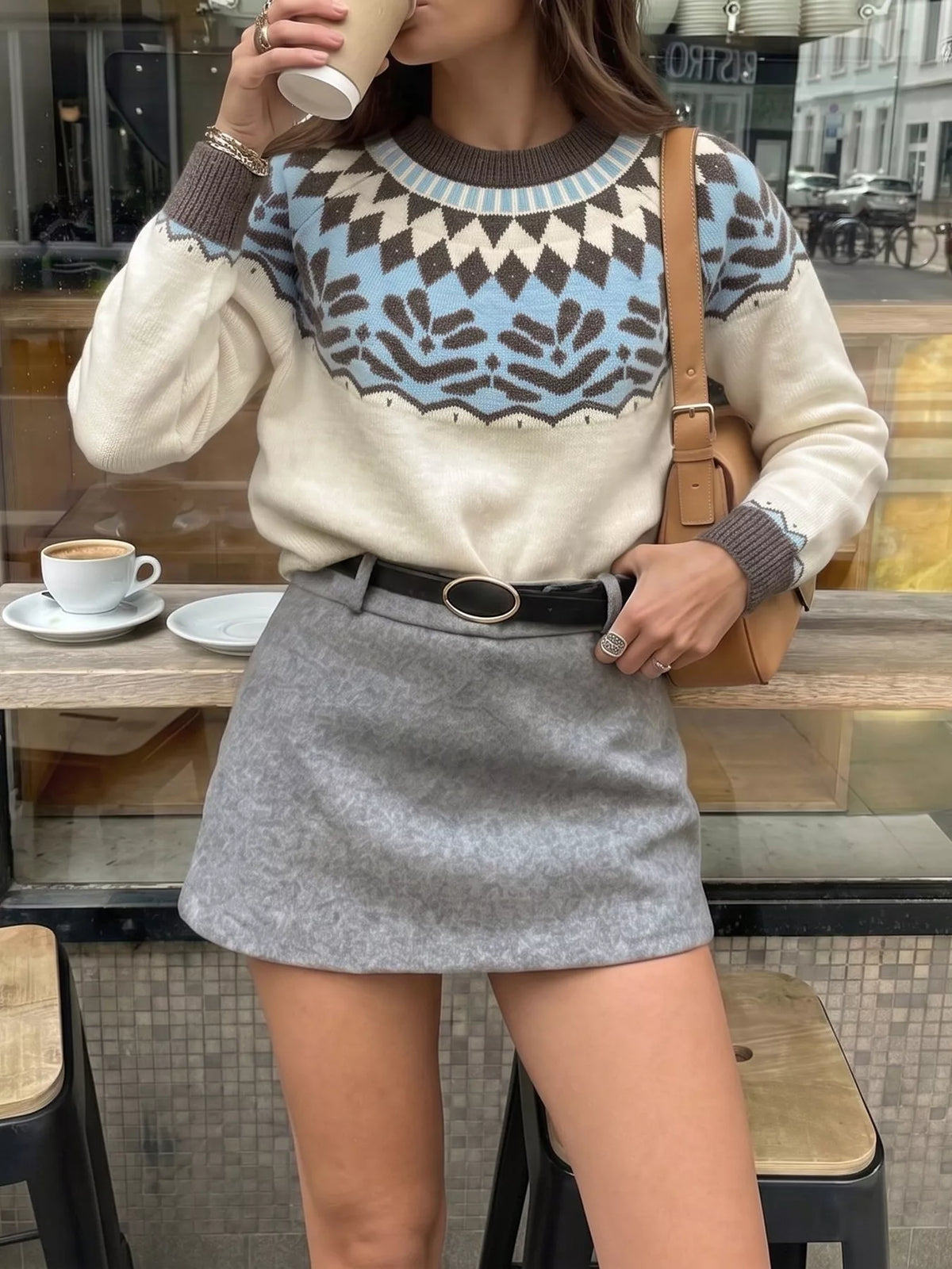 fair isle pattern round neck sweater – basic style | dropsona - neutral - front view