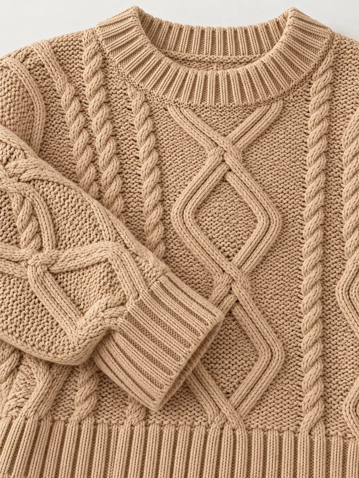 full size cable-knit round neck sweater plus | dropsona - neutral - material texture