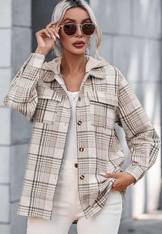 plaid removable hood button up shacket – basic style | dropsona - neutral - usage example