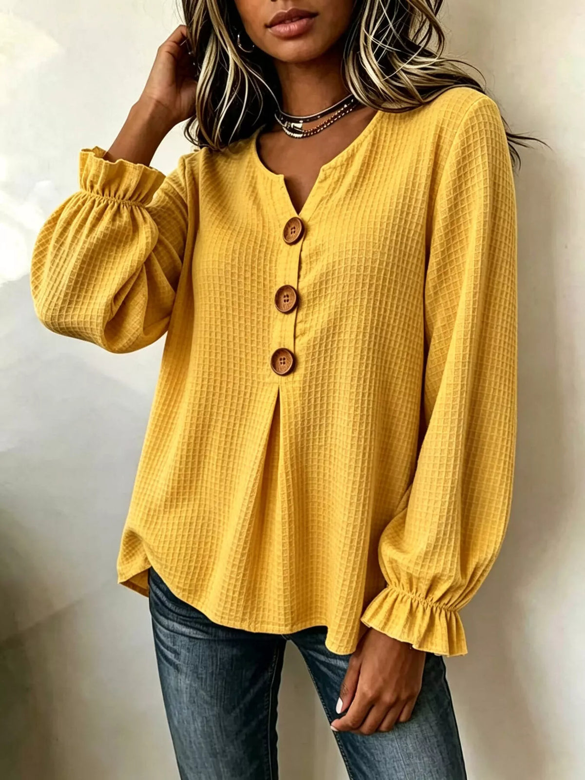 waffle knit long sleeve top | dropsona - neutral - usage example