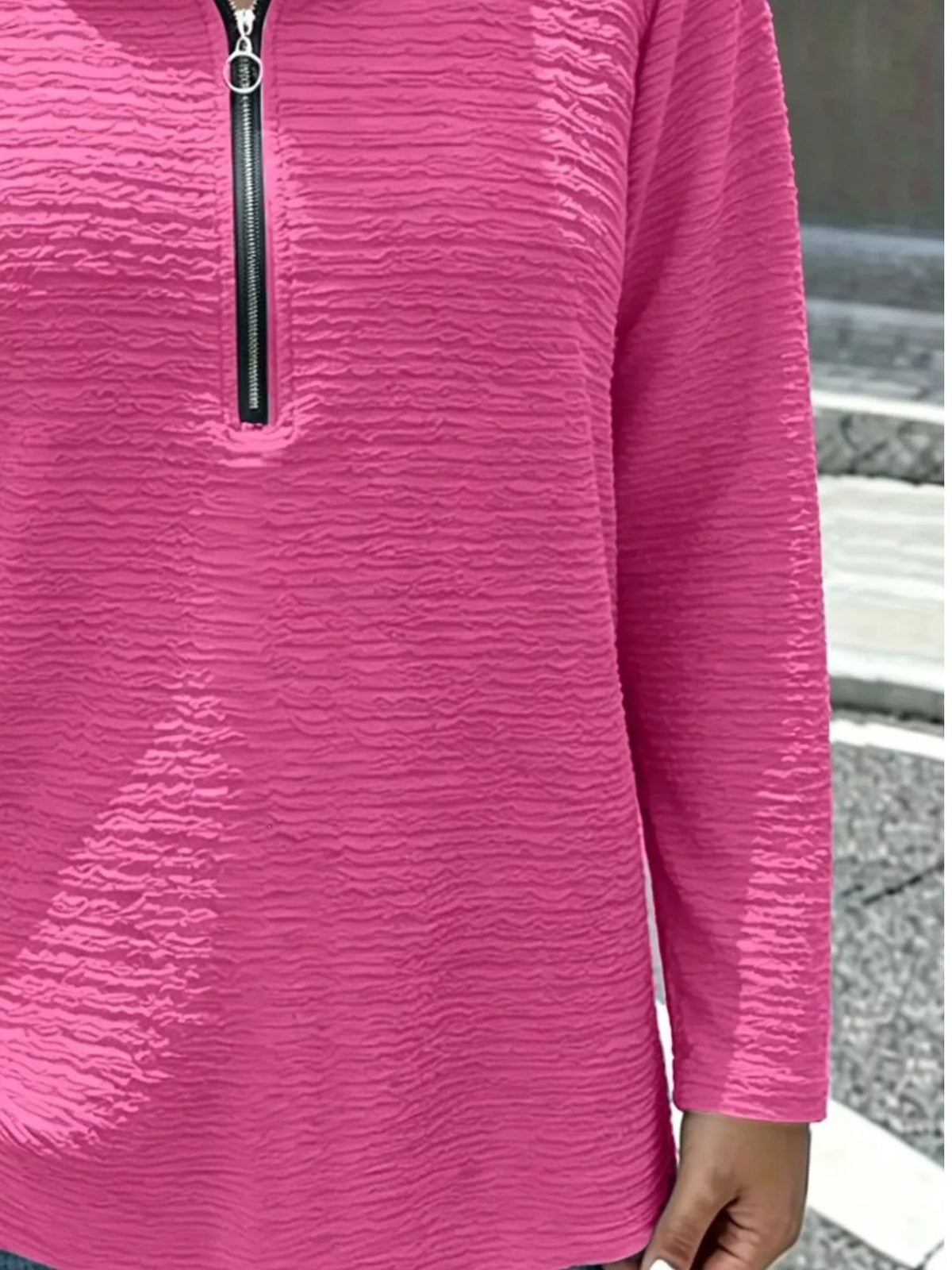full size textured quarter-zip blouse plus | dropsona - neutral - close-up detail