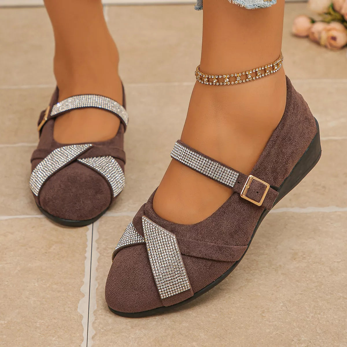 rhinestone embellished suede loafers with adjustable | dropsona - neutral - usage example