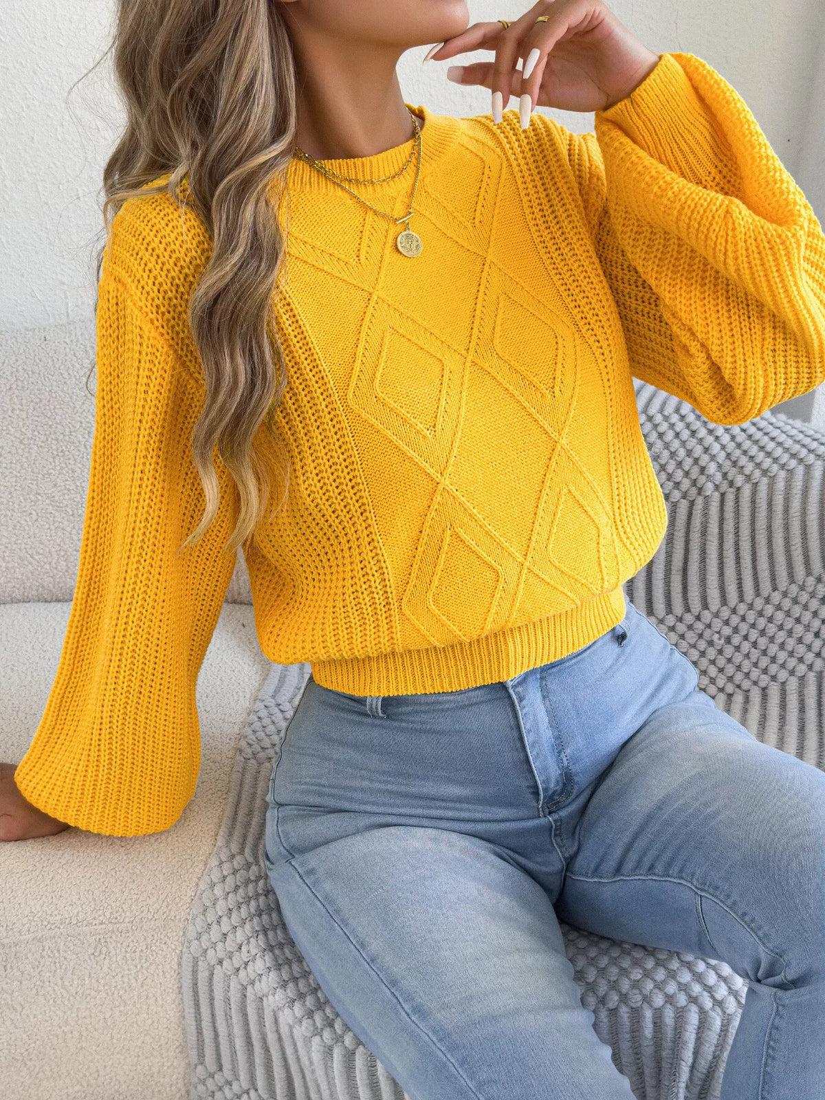 argyle pattern lantern sleeve knit sweater | dropsona - neutral - size reference