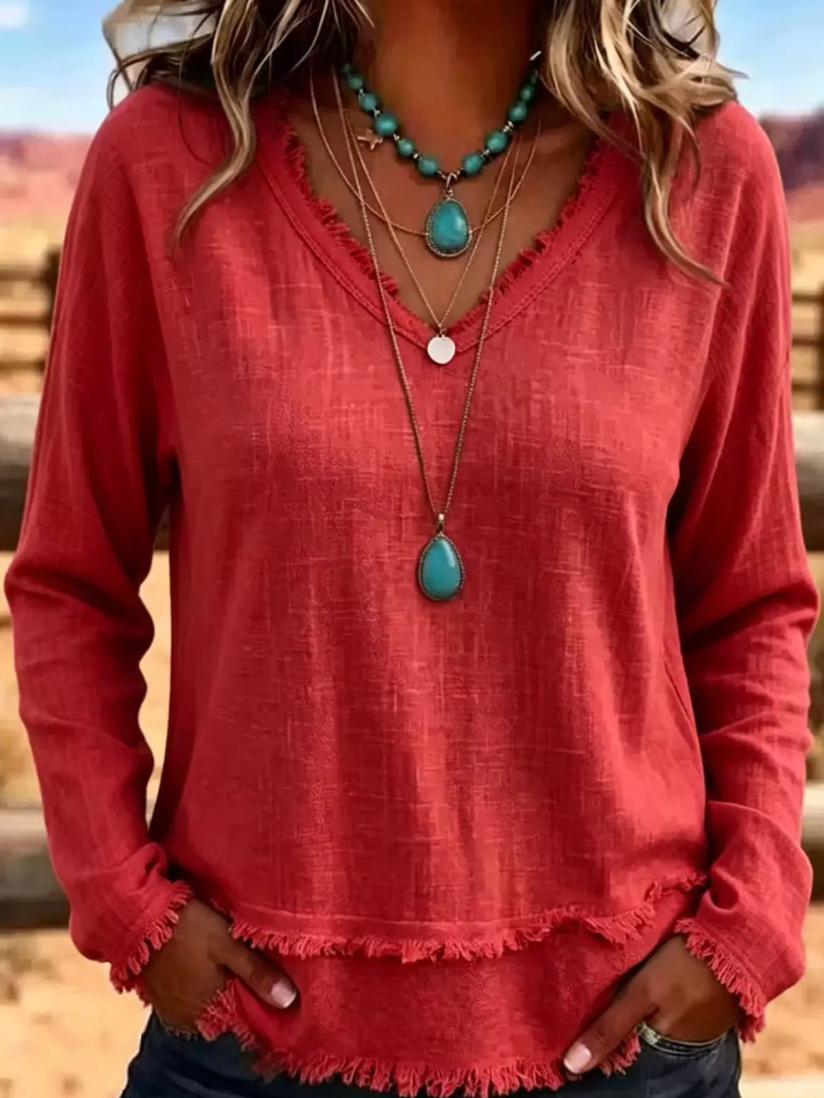 full size frayed hem v-neck blouse plus | dropsona - neutral - front view