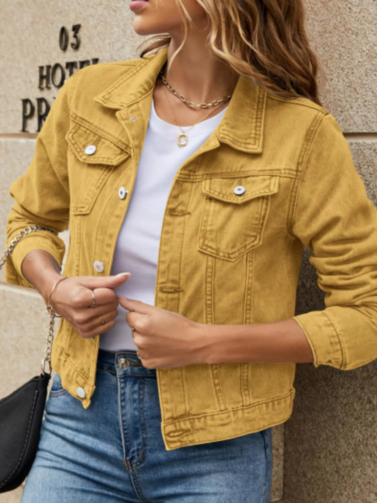 slim-fit button up denim jacket – buttoned,pocketed | dropsona - neutral - size reference