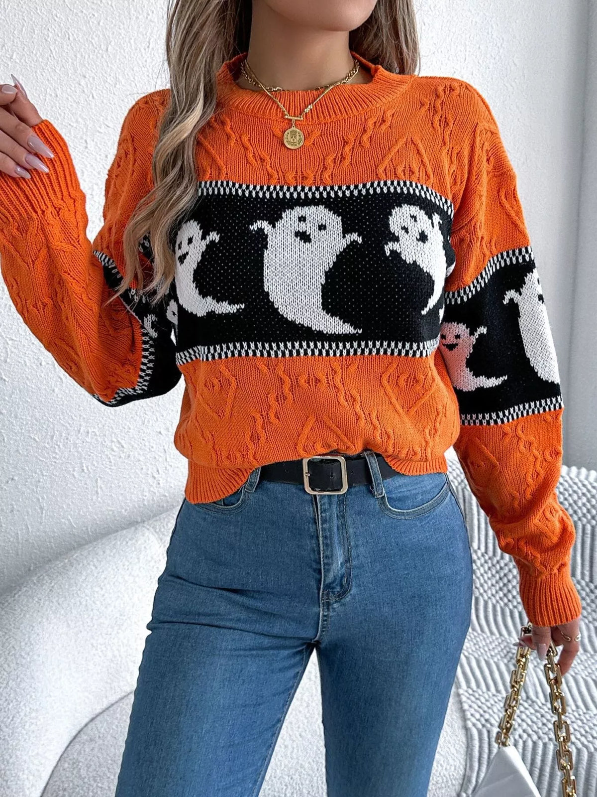 halloween ghost pattern textured sweater – cable-knit | dropsona - neutral - packaging