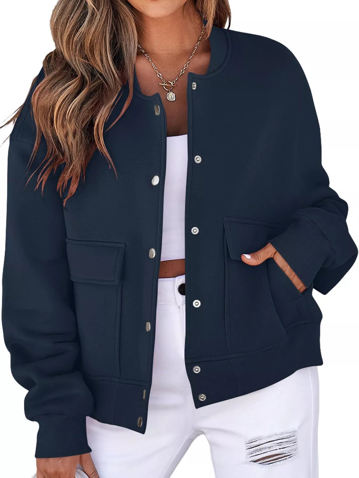snap-button dropped shoulder jacket | dropsona - neutral - close-up detail