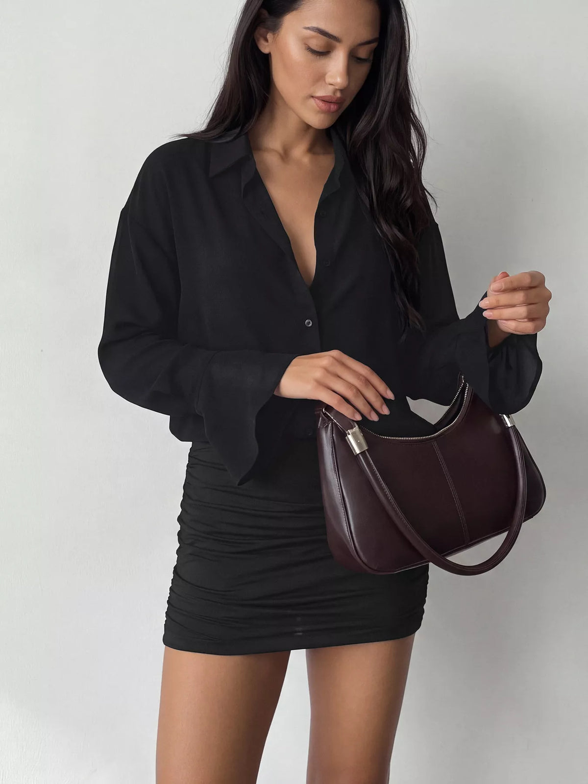 button front flounce sleeve bodycon shirt dress | dropsona - neutral - size reference