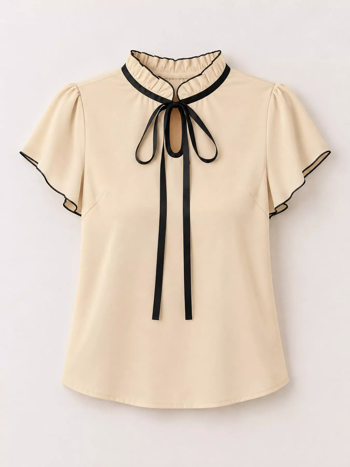 contrast trim ruffle sleeve tie-front blouse | dropsona - neutral - close-up detail
