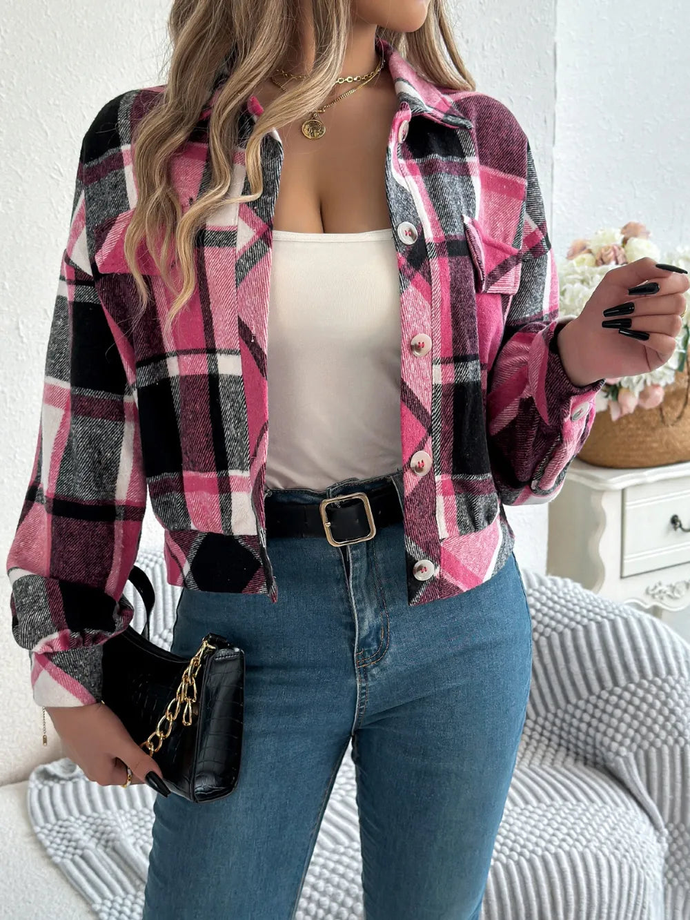plaid button up long sleeve jacket – buttoned | dropsona - neutral - packaging