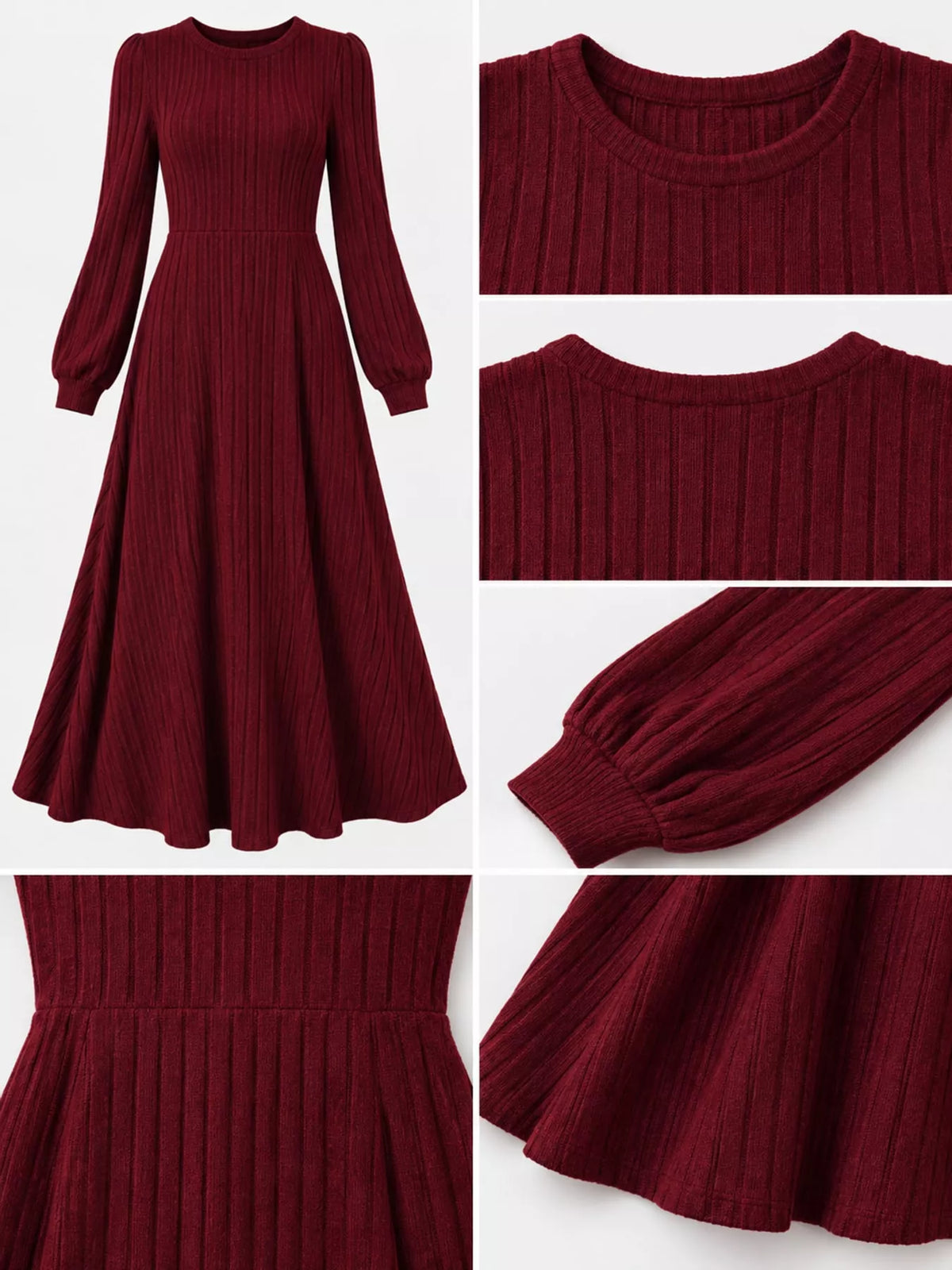 ribbed knit long sleeve a-line midi dress – | dropsona - neutral - close-up detail