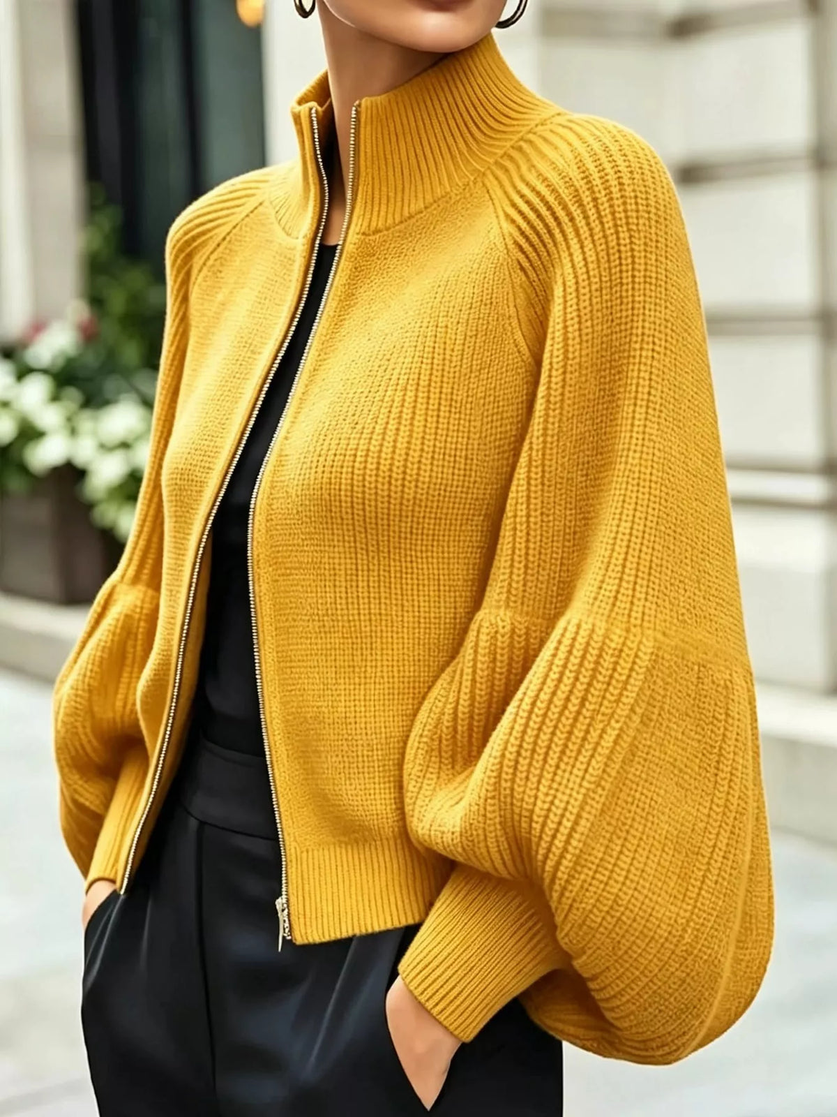 full size elegant ribbed knit zip-up cardigan with | dropsona - neutral - packaging