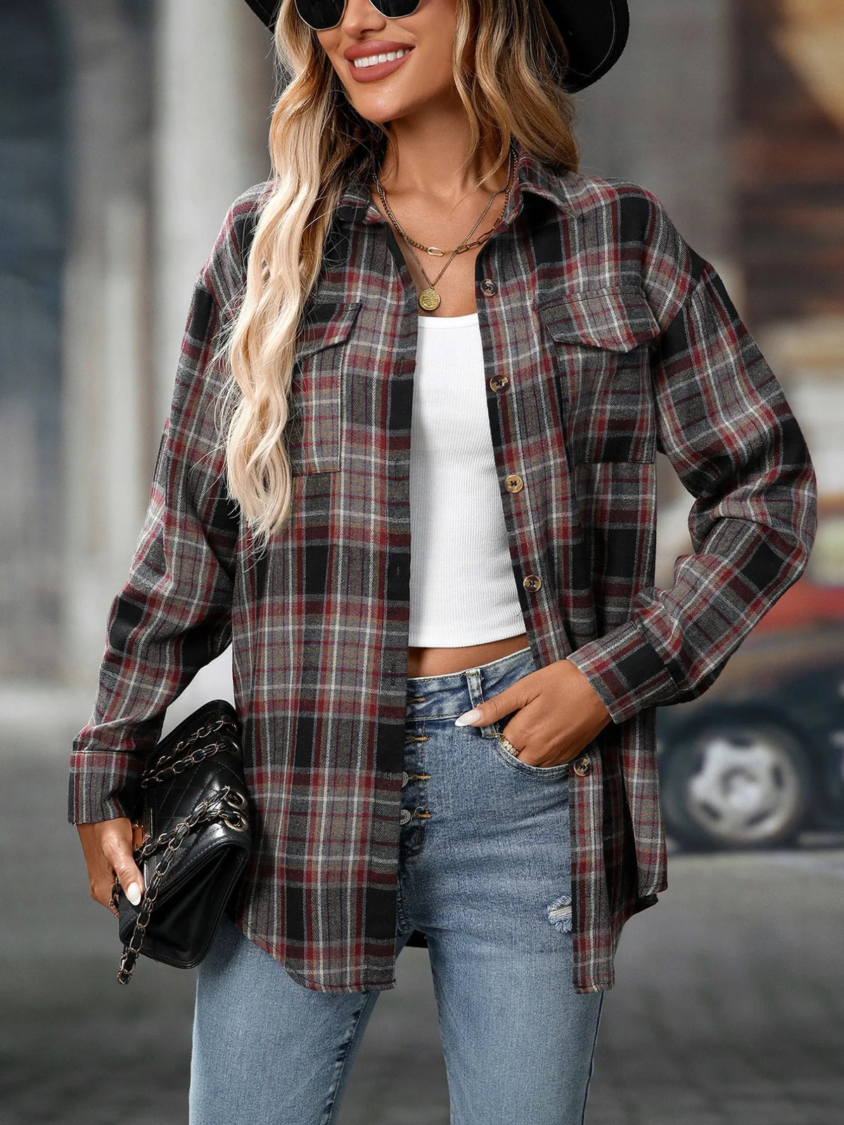 oversized plaid button-up shirt - close-up detail
