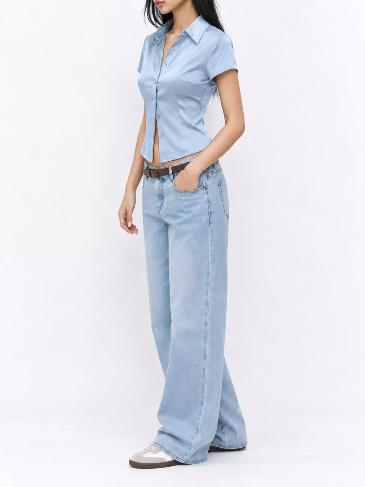 satin short sleeve button-down shirt | dropsona - neutral - close-up detail
