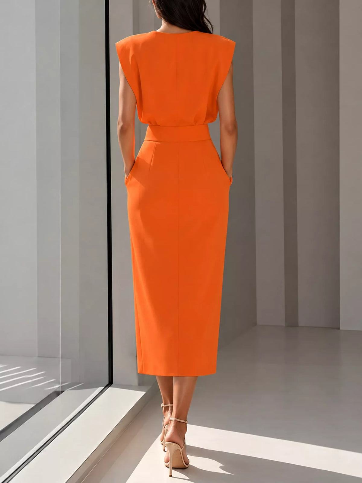 sleeveless midi dress with gold button detail and | dropsona - neutral - front view