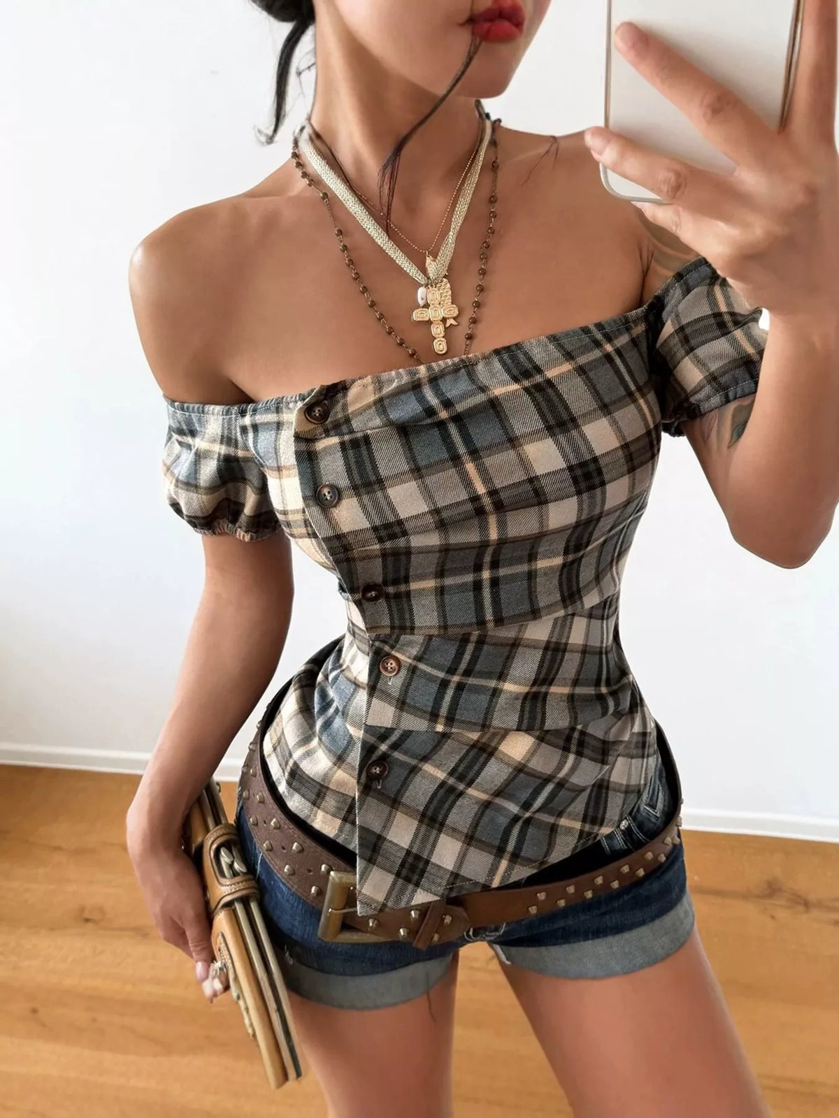 off-shoulder plaid blouse – buttoned,asymmetrical | dropsona - neutral - material texture