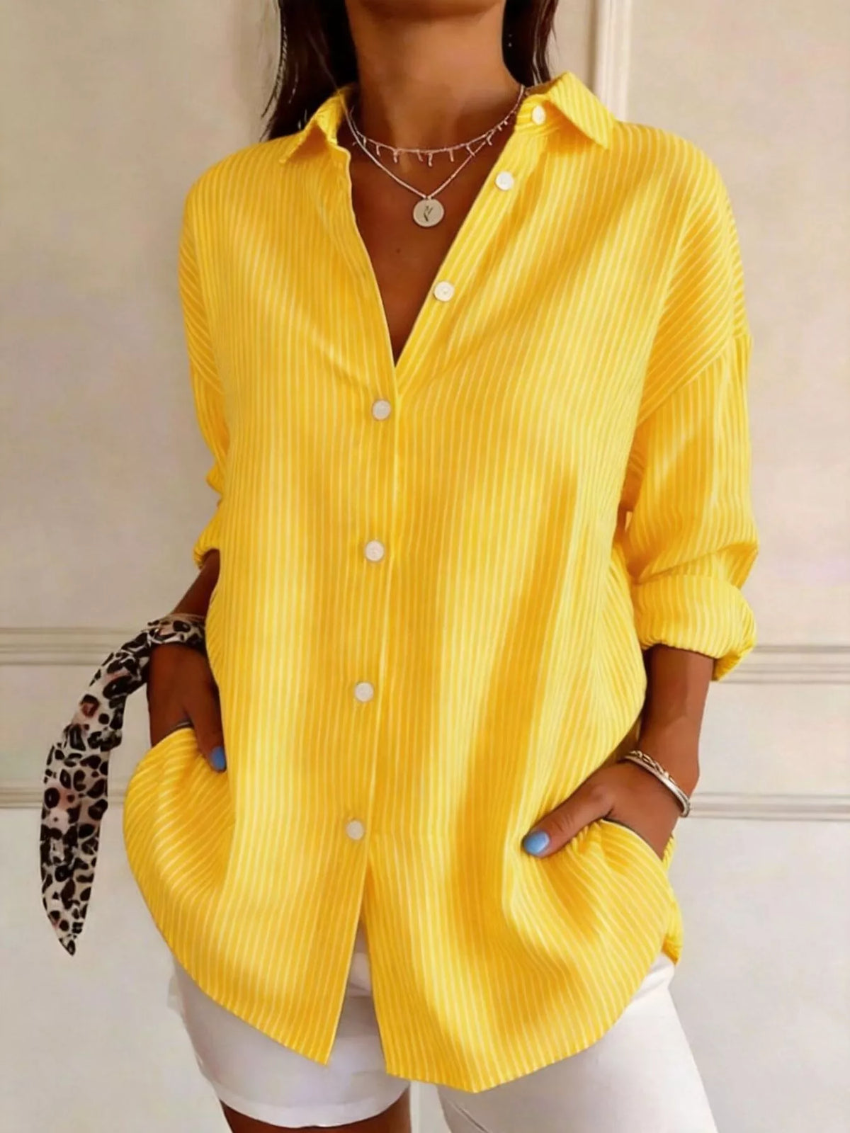 full size striped button-down long sleeve shirt plus | dropsona - neutral - material texture