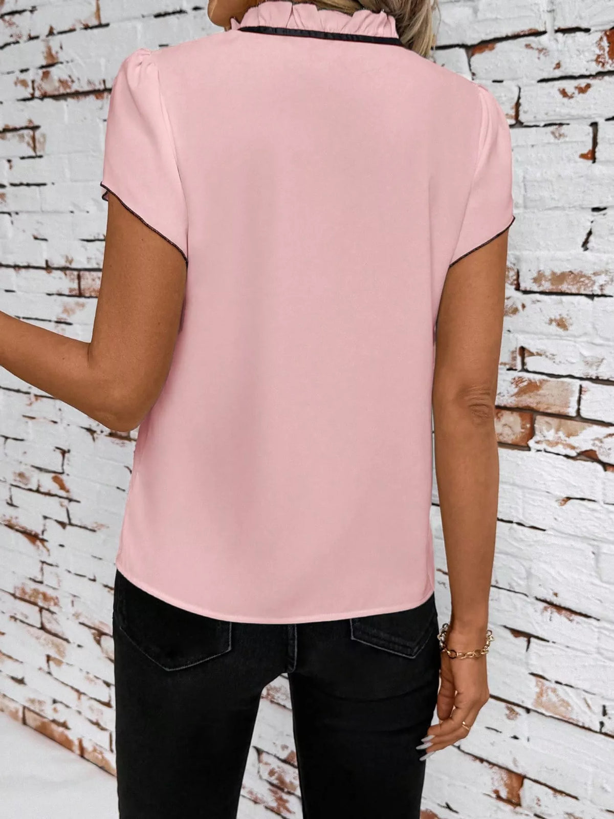 contrast trim ruffle sleeve tie-front blouse | dropsona - neutral - packaging