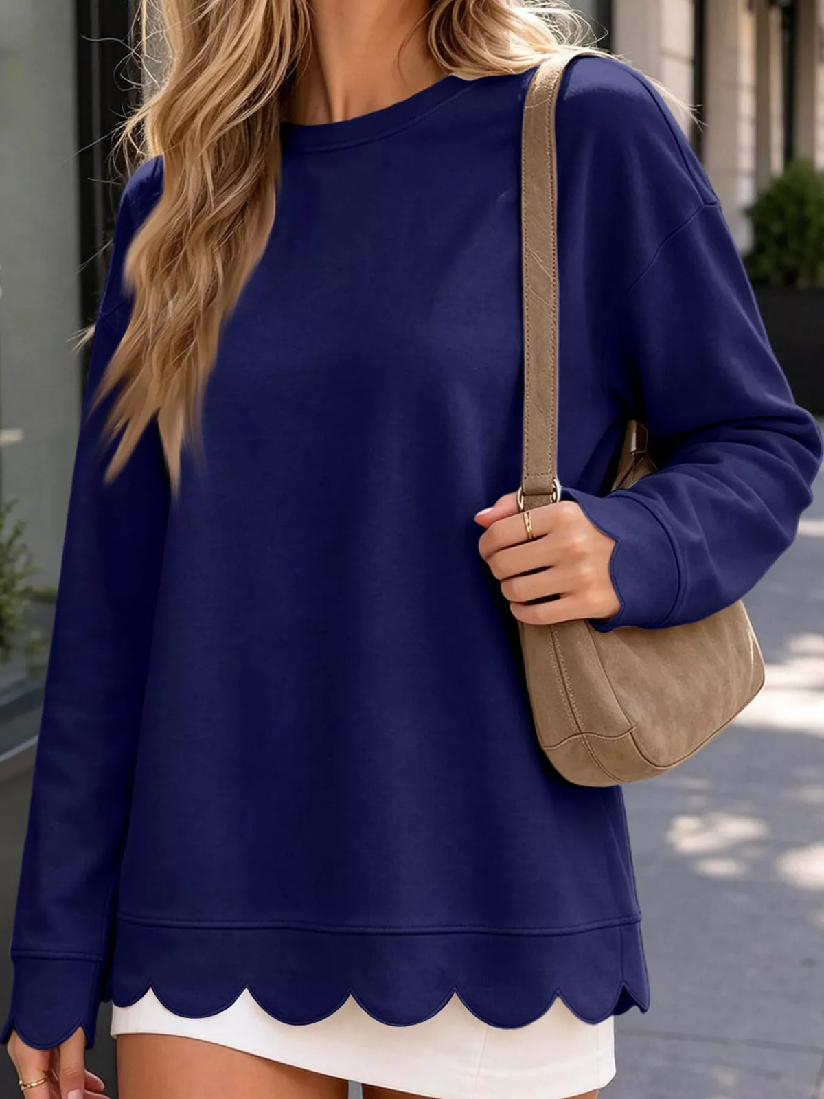 full size casual scalloped hem crewneck sweatshirt | dropsona - neutral - packaging