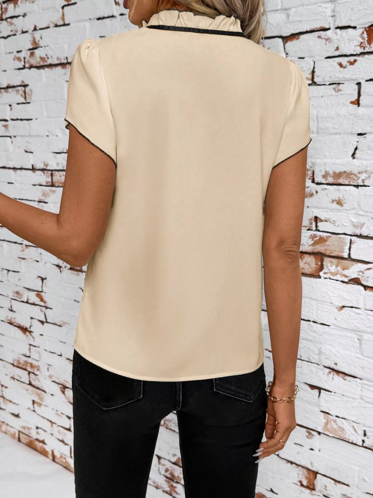 contrast trim ruffle sleeve tie-front blouse | dropsona - neutral - front view