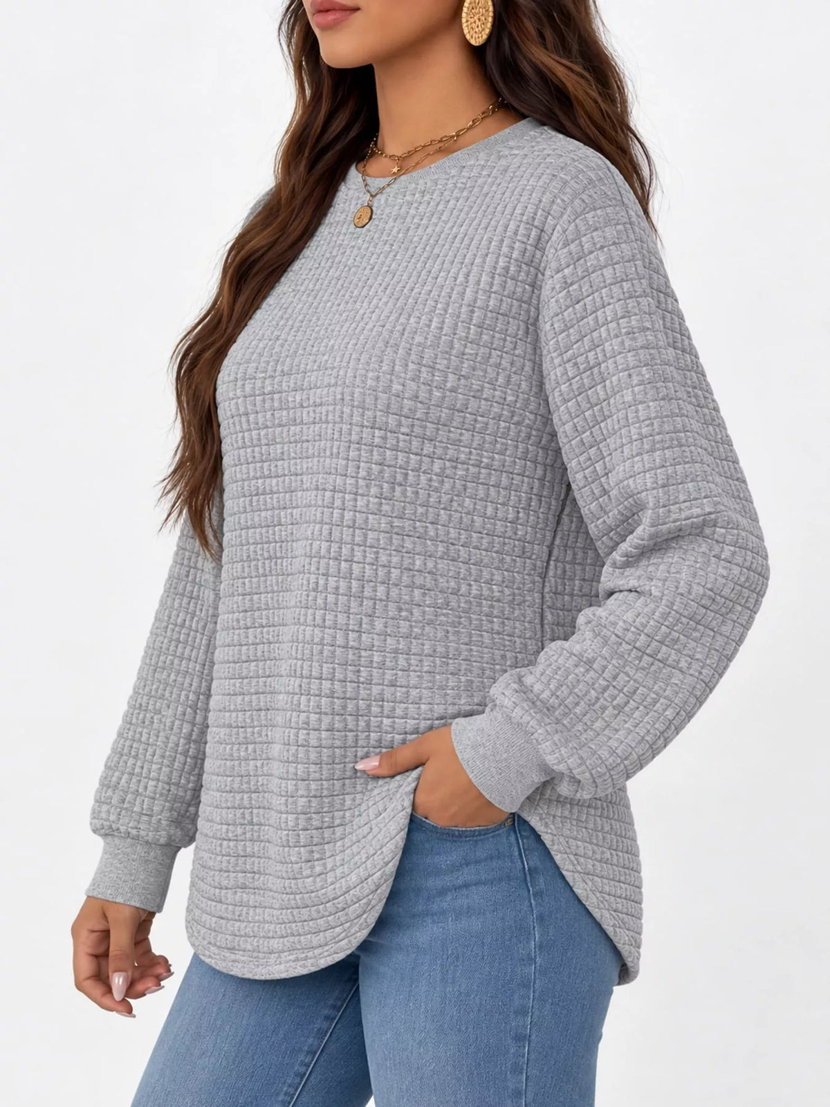 plus size textured waffle knit crew neck sweatshirt | dropsona - neutral - usage example