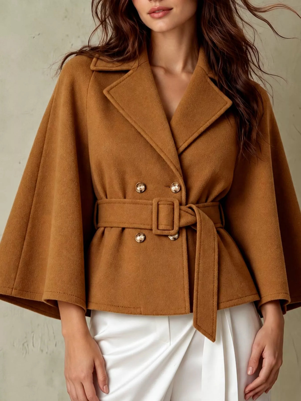 double-breasted cape outerwear with belt | dropsona - neutral - everyday use
