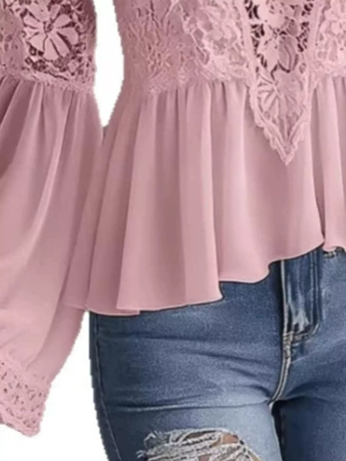 lace v-neck long sleeve blouse with peplum hem | dropsona - neutral - material texture