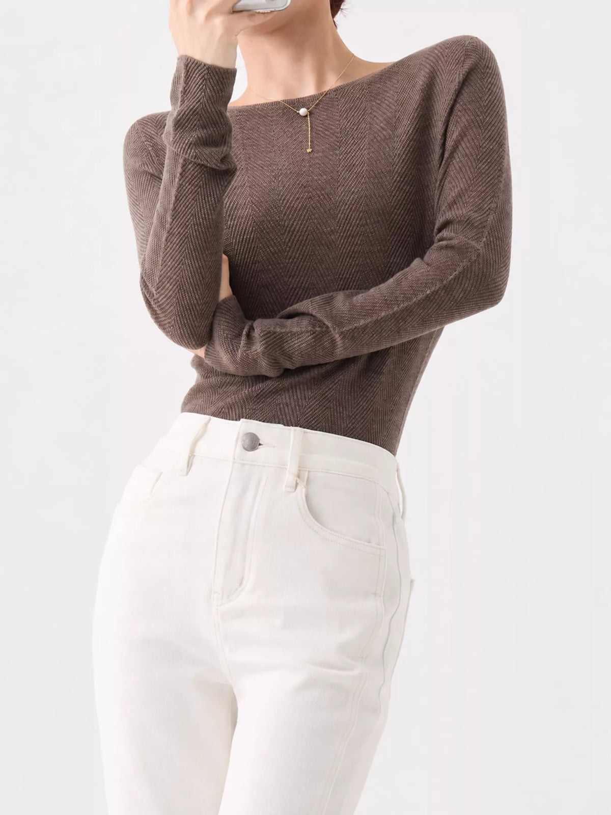 herringbone slim fit long sleeve knit top | dropsona - neutral - front view