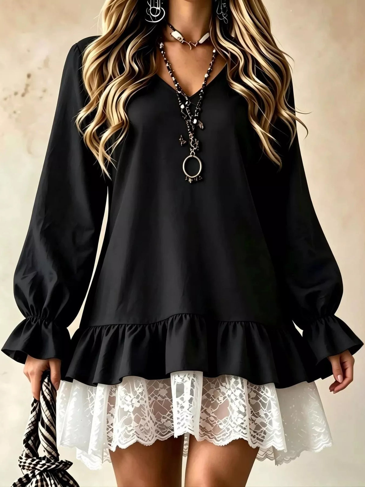 lace hem v-neck flounce sleeve dress | dropsona - neutral - close-up detail