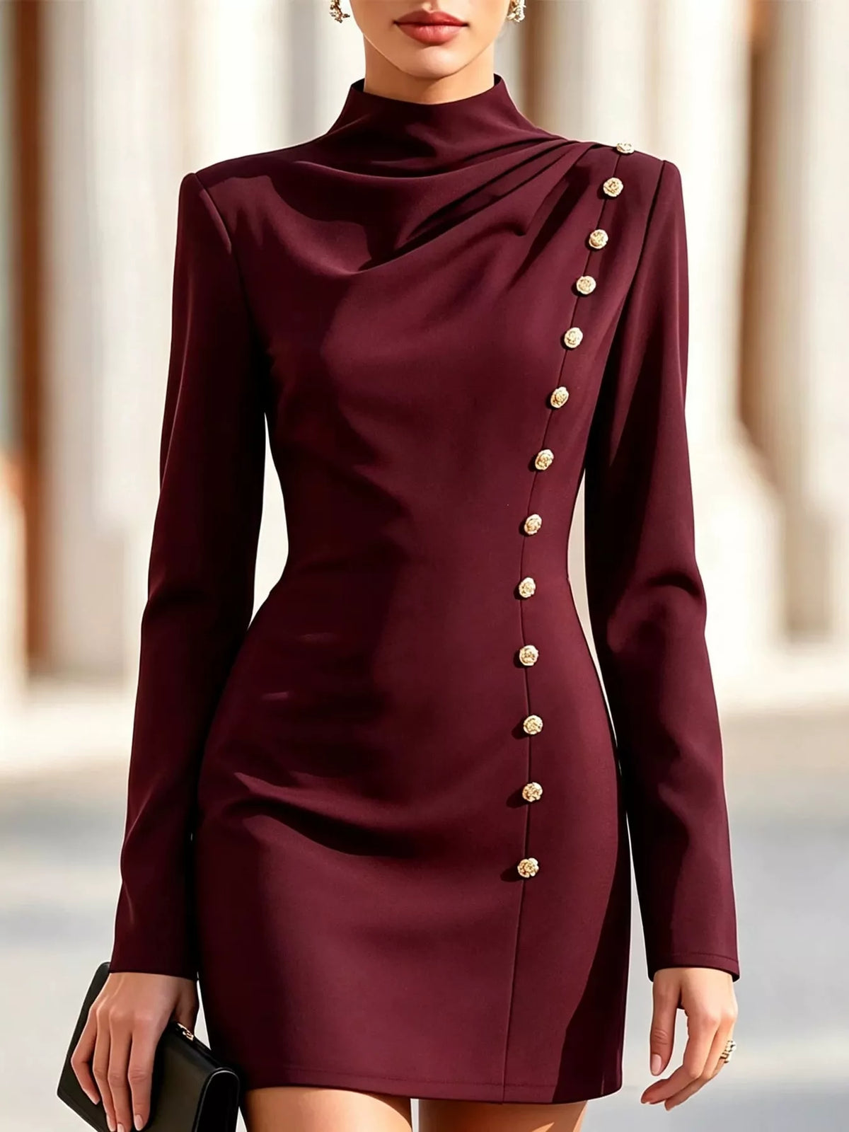 full size decorative button mock neck mini dress plus | dropsona - neutral - close-up detail