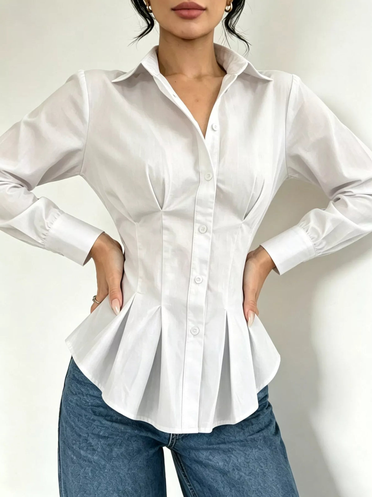 button-down peplum blouse with fitted waist | dropsona - neutral - material texture