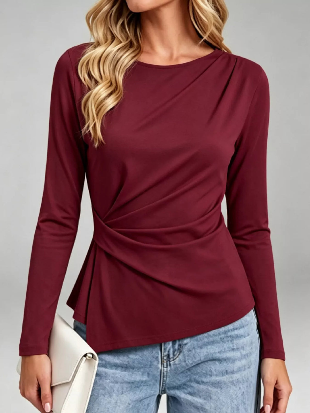 ruched waist long sleeve t-shirt – ruched,asymmetrical | dropsona - neutral - size reference