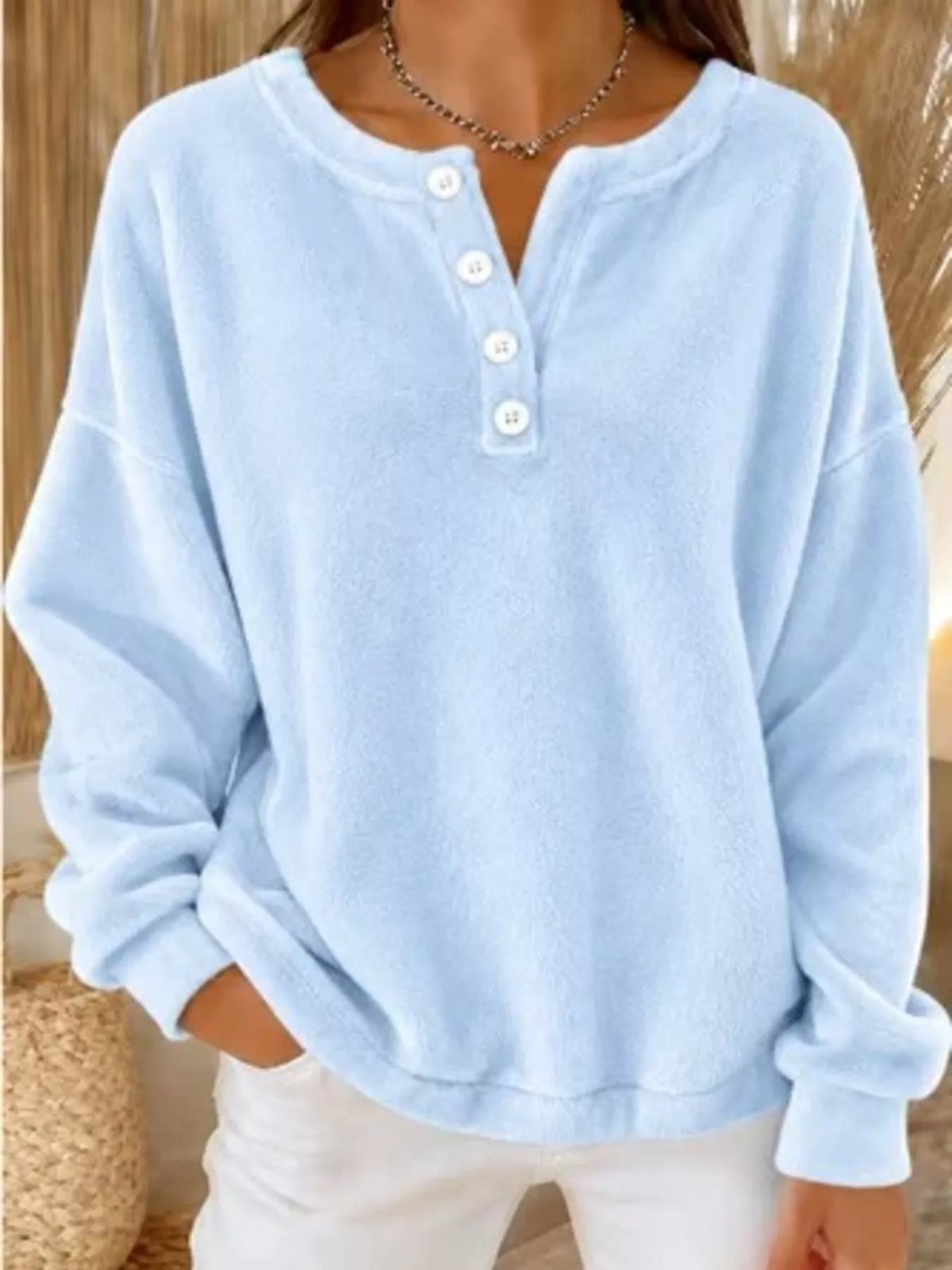 button detail dropped shoulder sweatshirt | dropsona - neutral - close-up detail