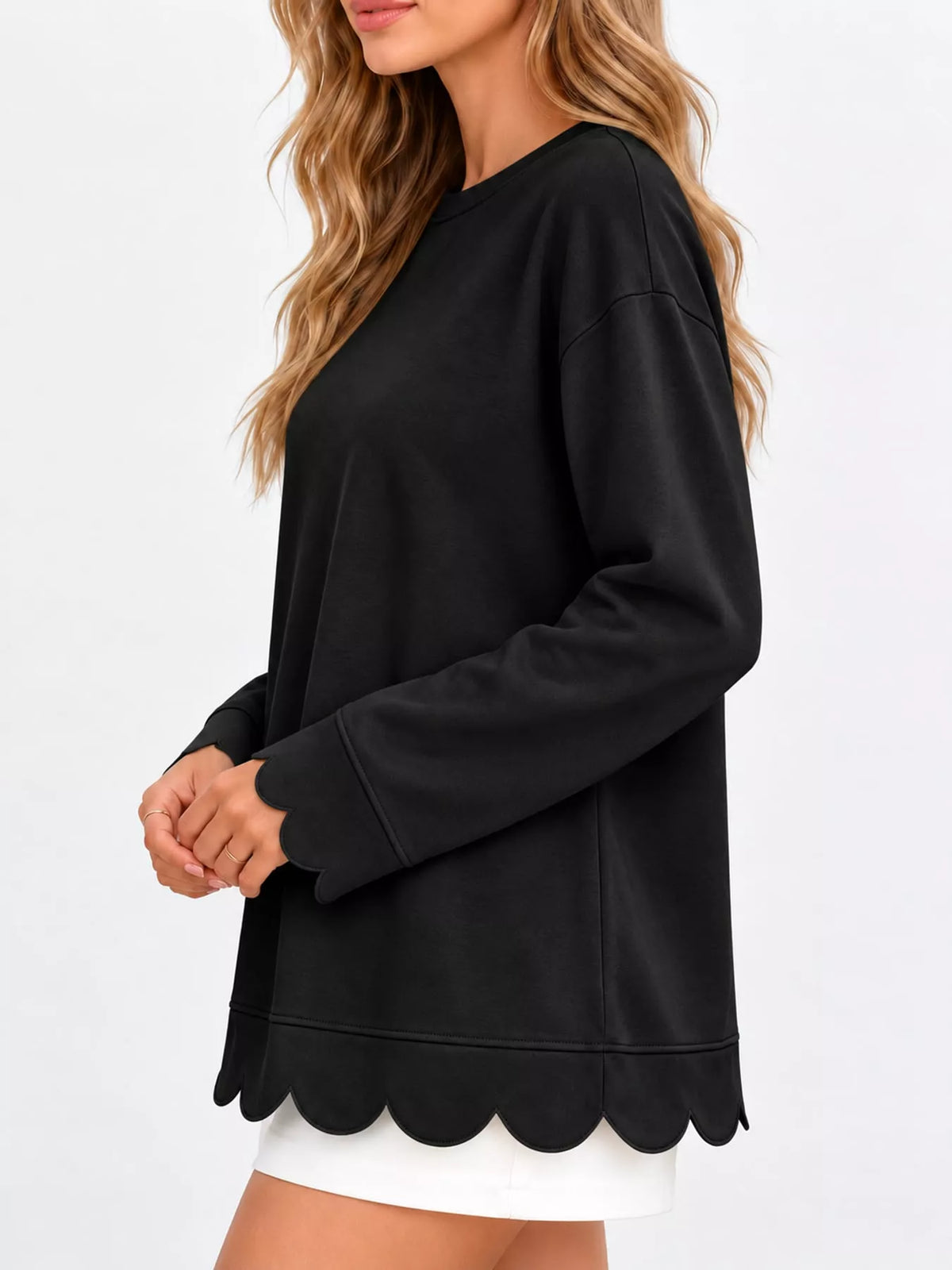 full size casual scalloped hem crewneck sweatshirt | dropsona - neutral - front view