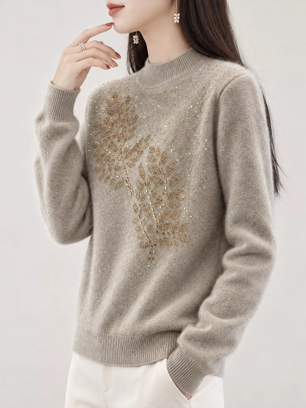 rhinestone leaf mock neck sweater | dropsona polyester - neutral - size reference