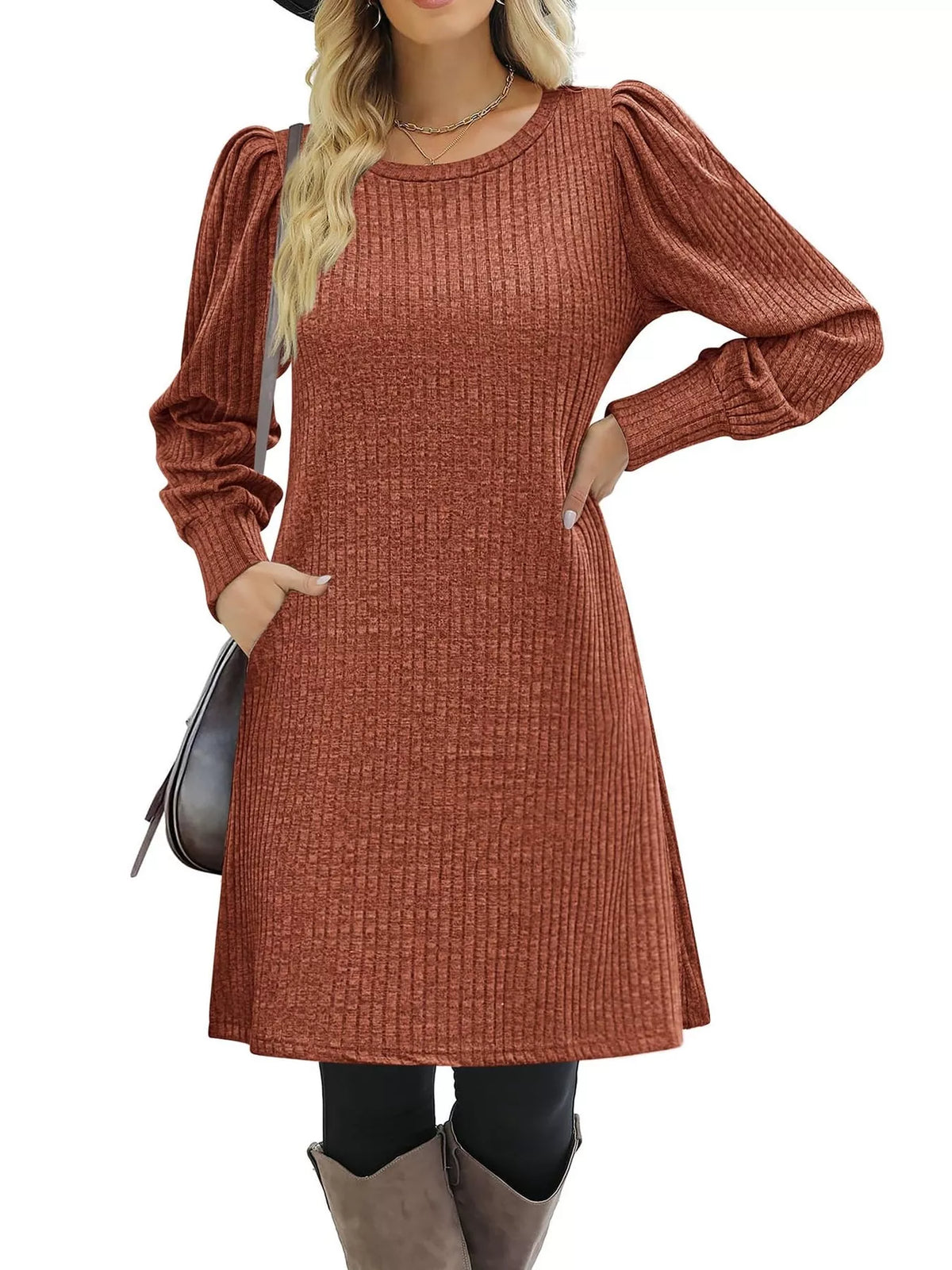 puff sleeve ribbed knit dress with pockets | dropsona - neutral - usage example
