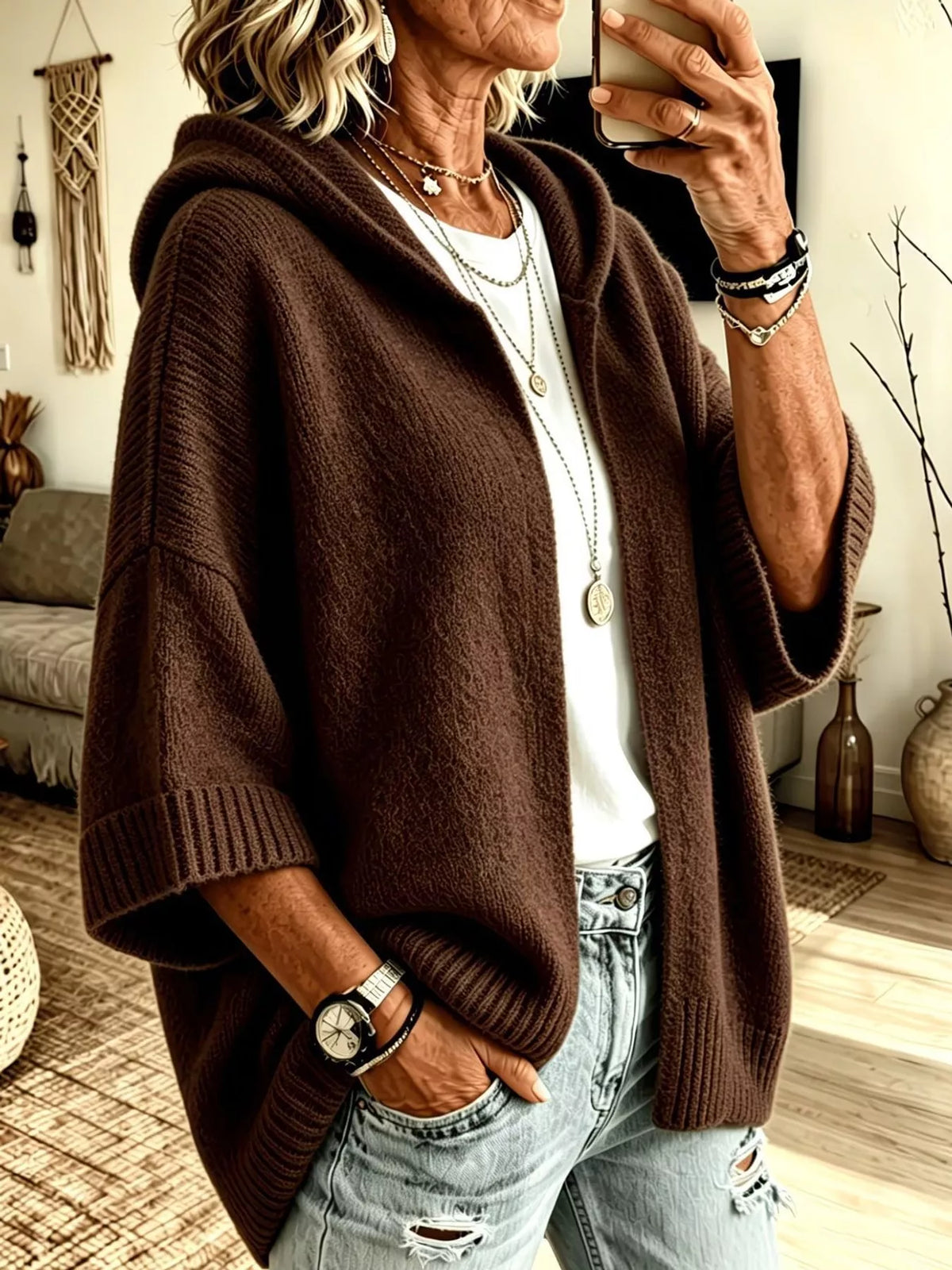full size hooded open-front knit cardigan plus | dropsona - neutral - front view