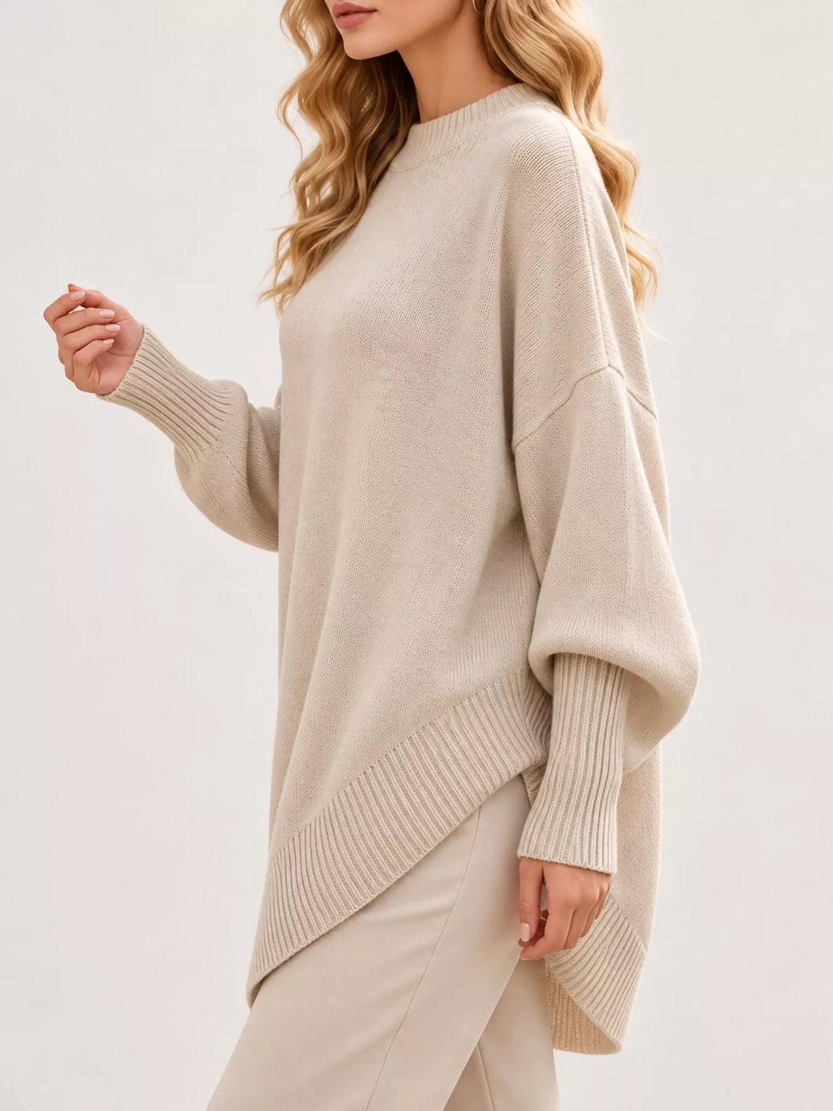 full size ribbed knit dropped shoulder sweater plus | dropsona - neutral - close-up detail