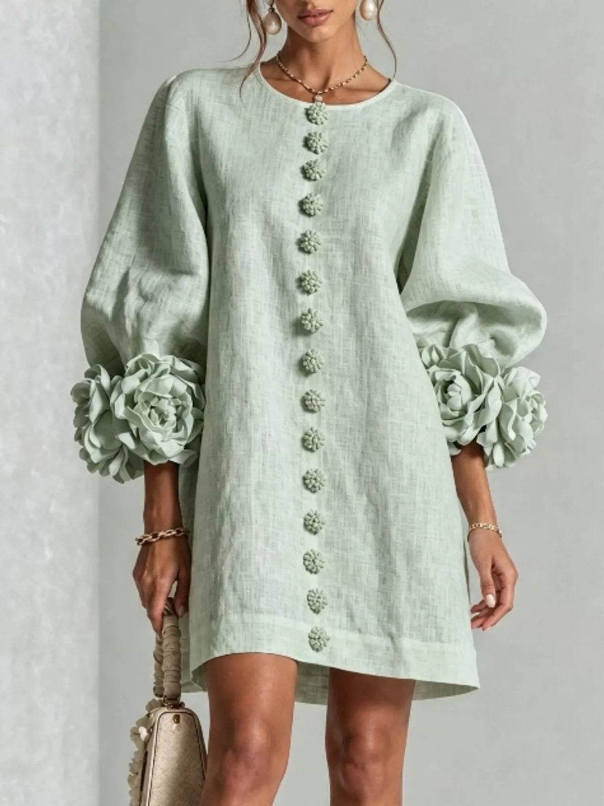 full size 3d floral sleeve round neck dress plus | dropsona - neutral - close-up detail