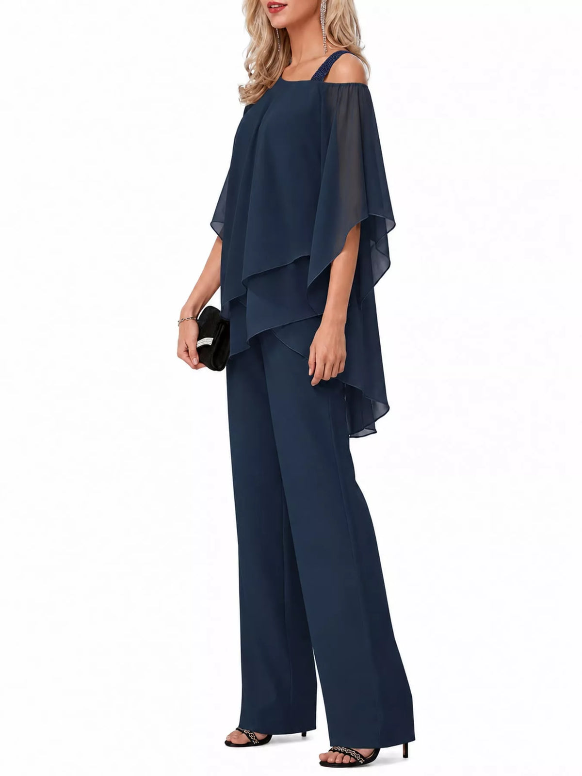 full size cold-shoulder layered top and wide-leg | dropsona - neutral - material texture