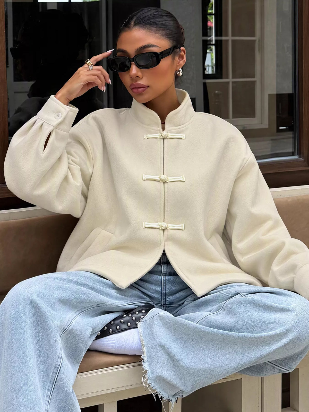 frog button dropped shoulder jacket – buttoned | dropsona - neutral - usage example