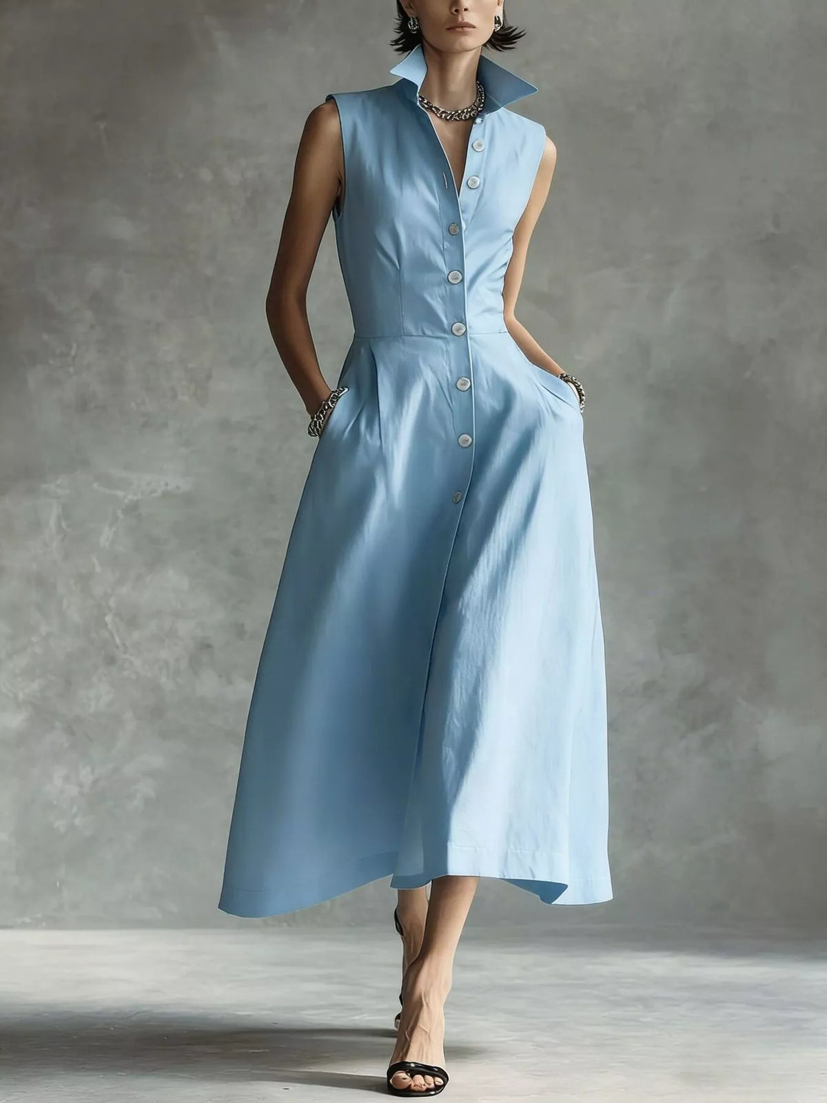 sleeveless button-down midi shirt dress | dropsona - neutral - size reference