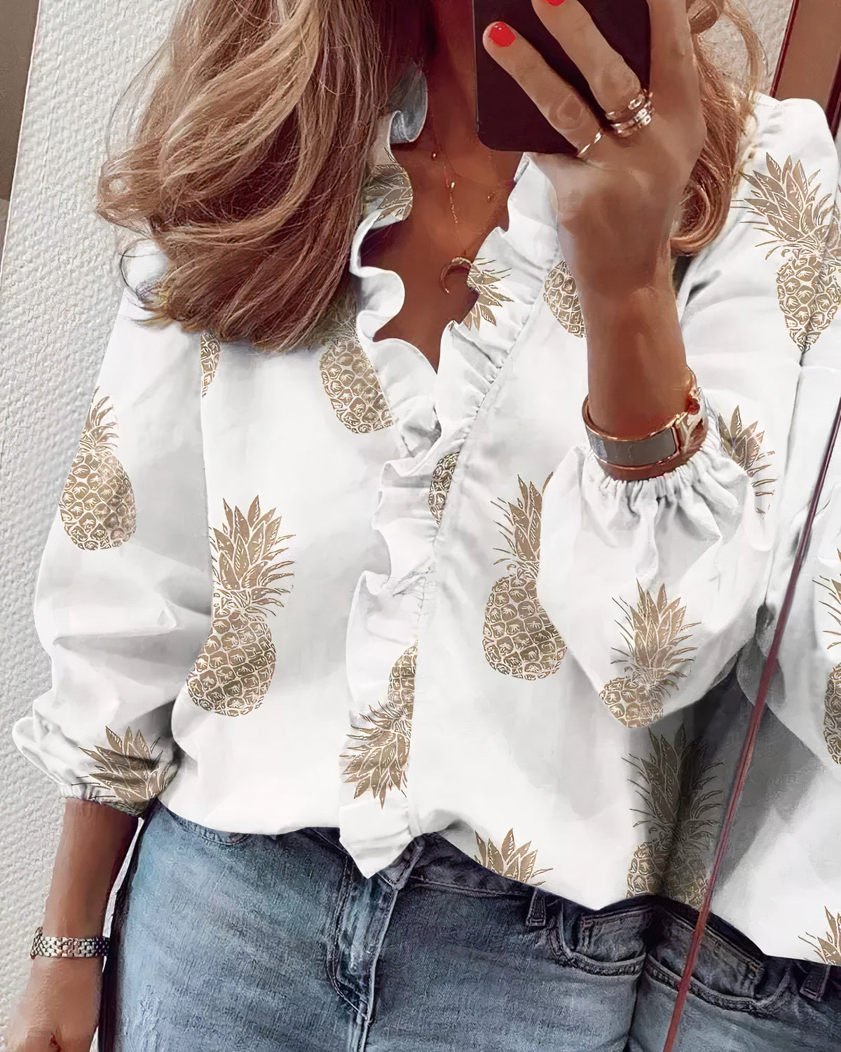 full size printed v-neck blouse with ruffled plus size - everyday wear
