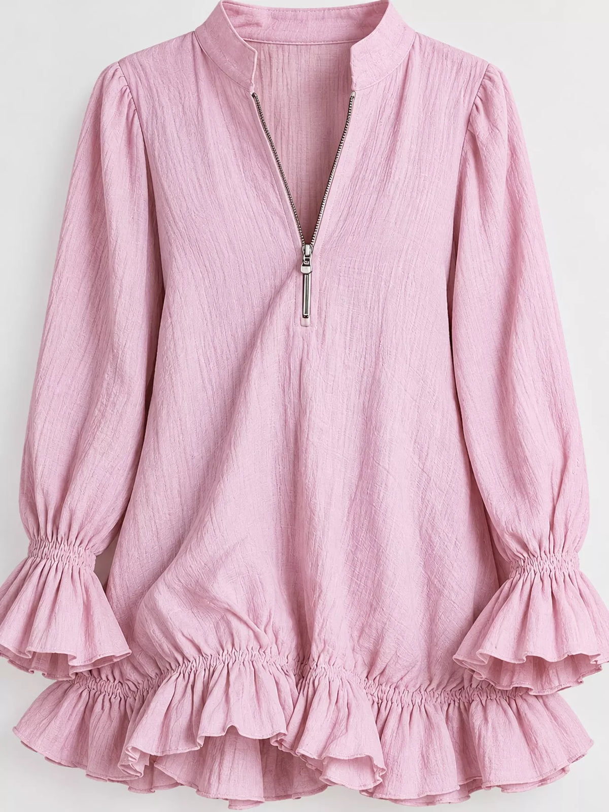 zipper-front ruffle hem mini dress – zipper, ruffled | dropsona - neutral - usage example
