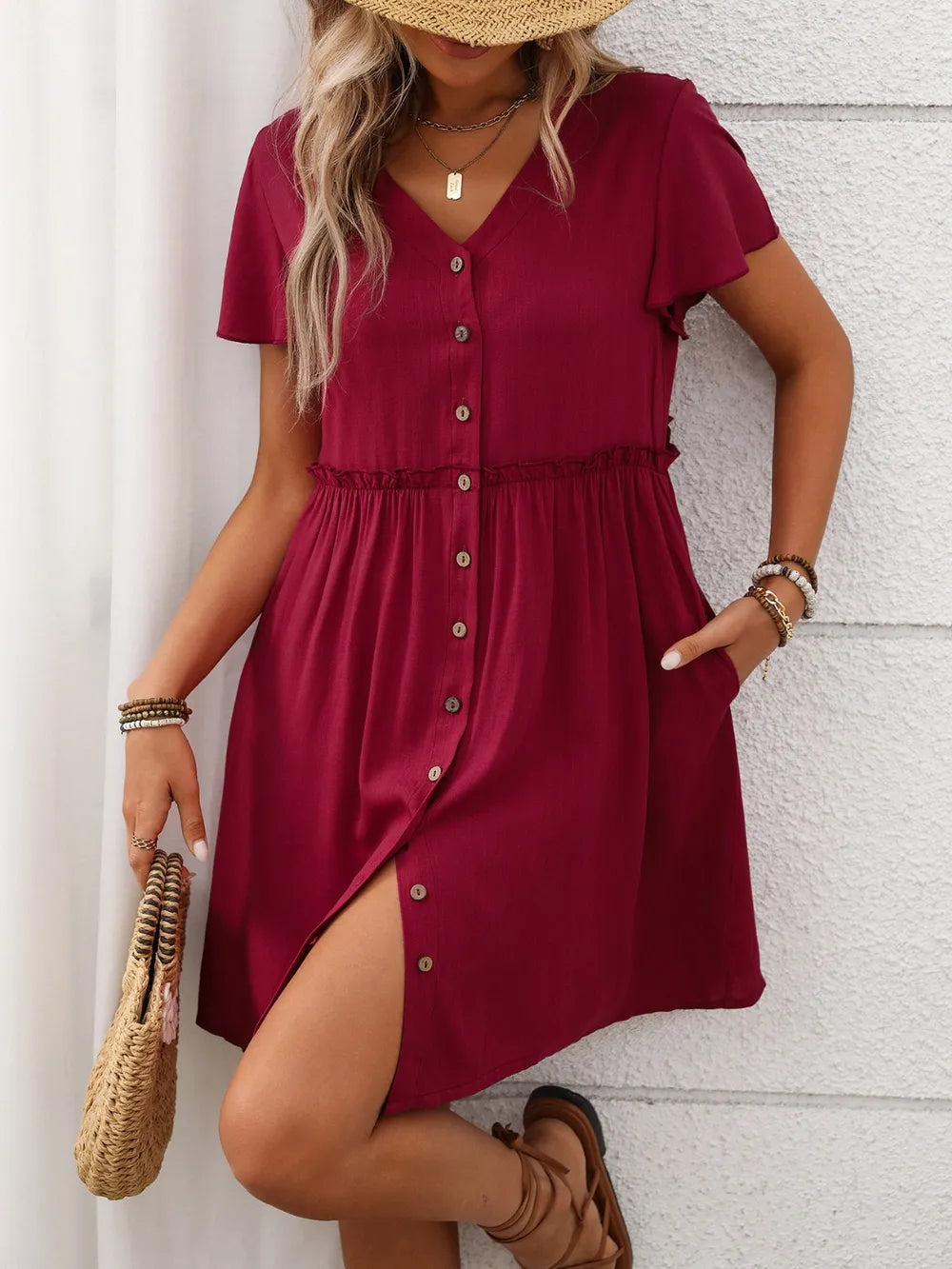 button front flutter sleeve dress - material texture