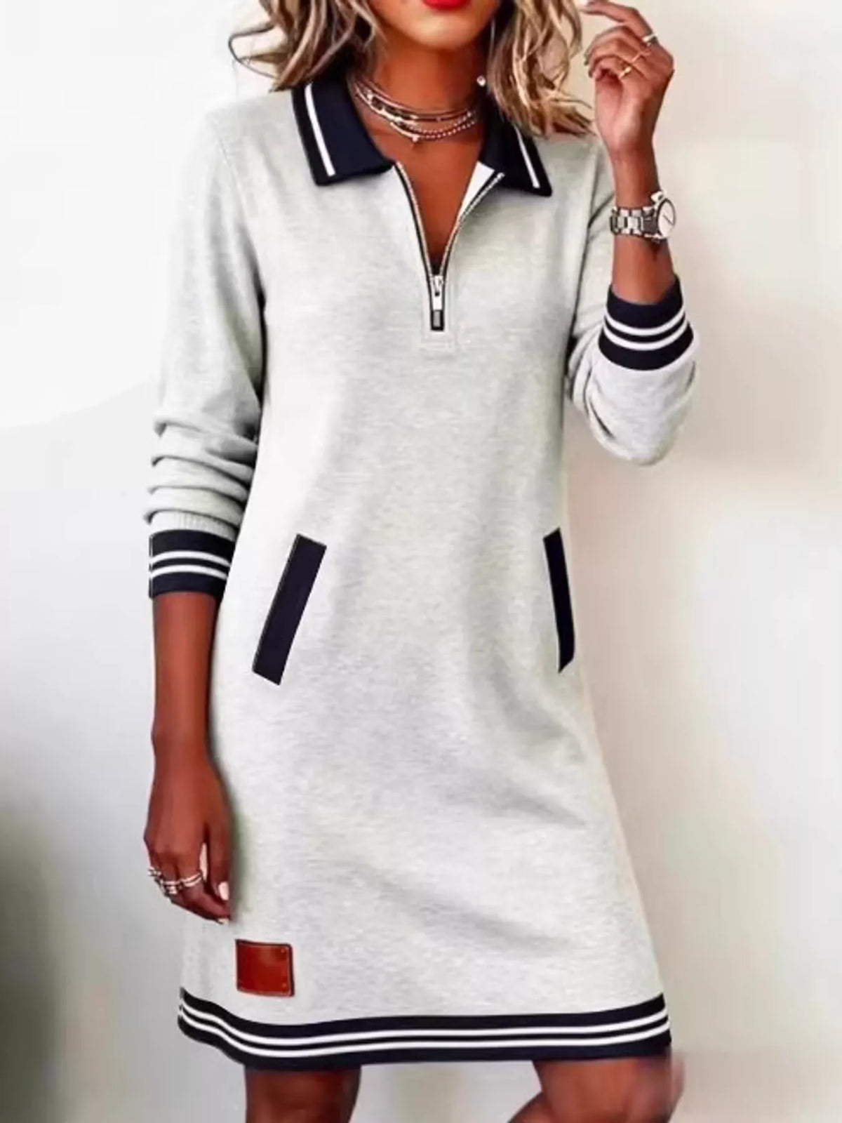 full size zip-up polo collar knit dress plus | dropsona - neutral - packaging