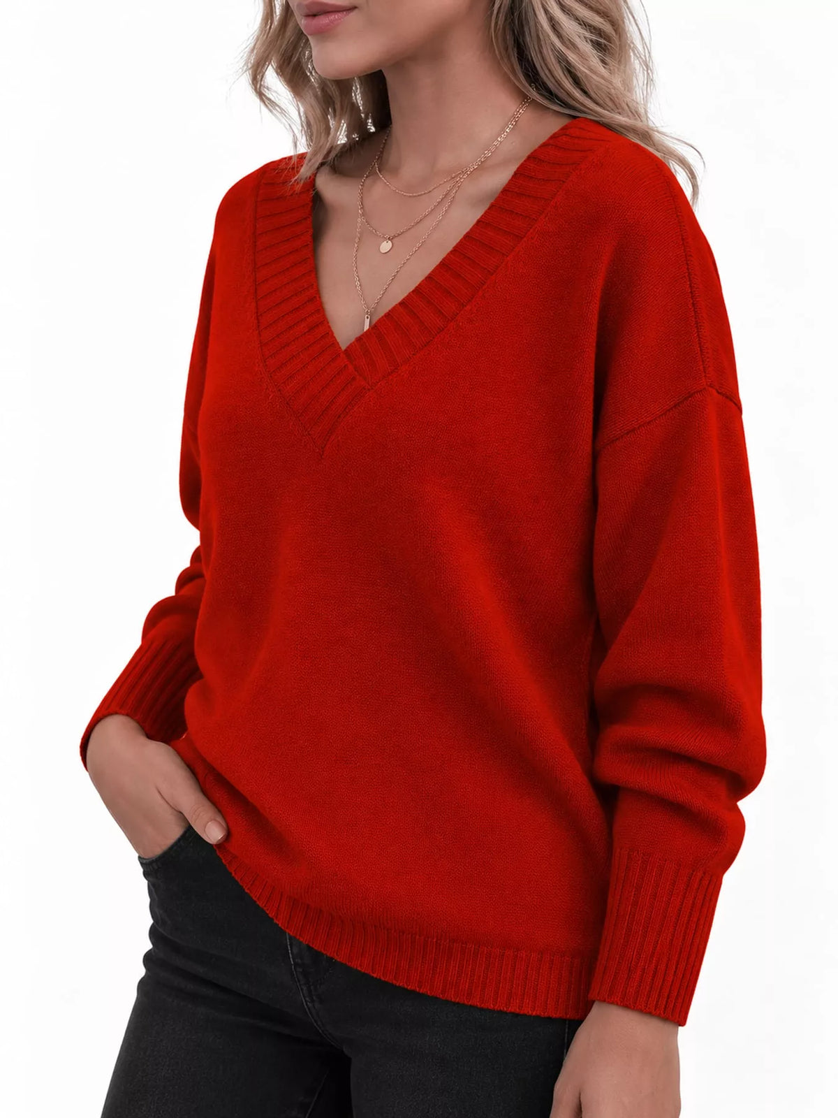 full size v-neck dropped shoulder sweater plus | dropsona - neutral - usage example